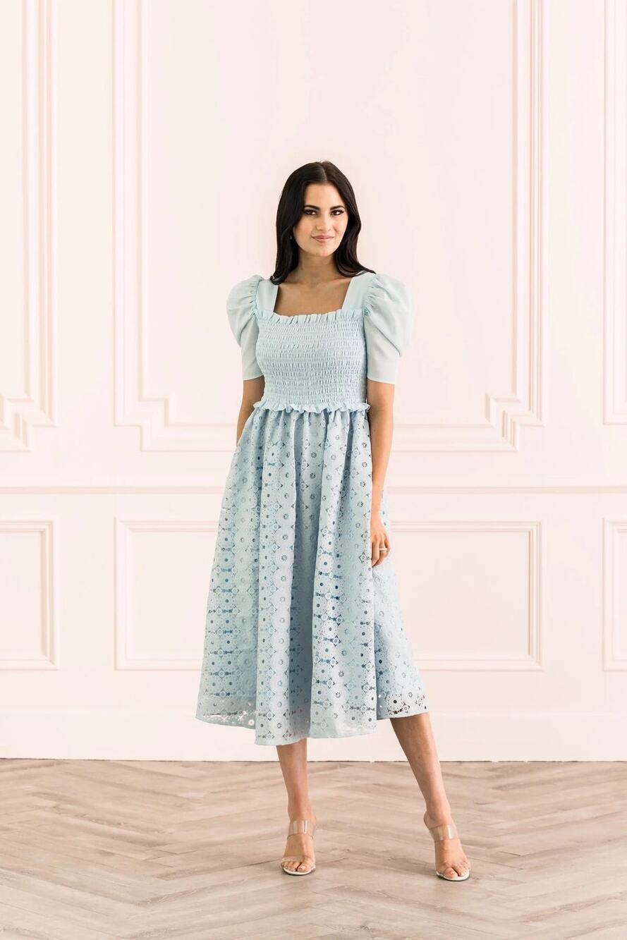 Rachel Parcell Blue Eyelet Lace Puff Sleeve Midi Dress XS